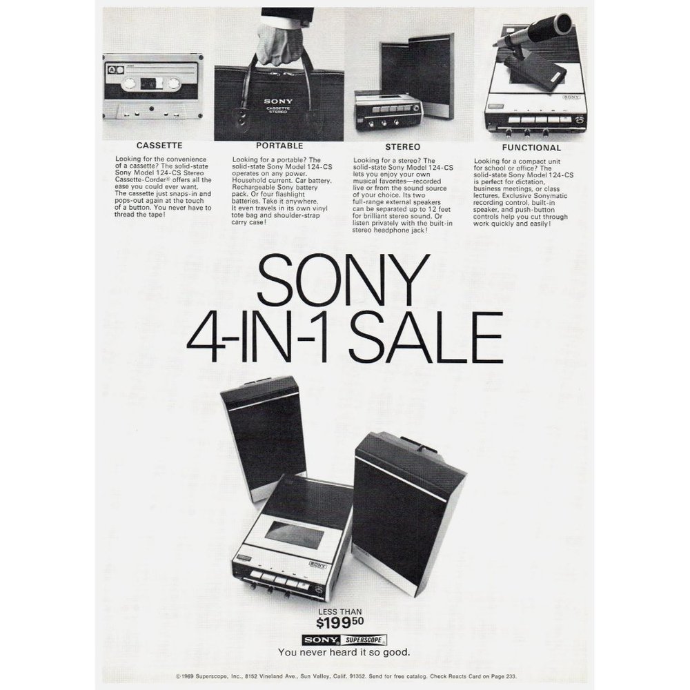 1969 Sony Stereo 4-in-1 Sale Vintage Print Ad Cassette Tape Player Portable